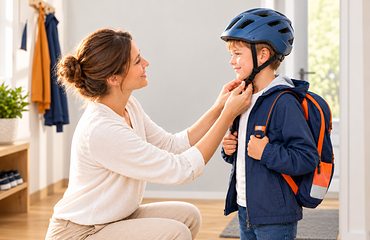 Mutter schlie&szlig;t im Flur den Fahrradhelm ihres Sohnes mit Schulranzen: Versicherungen f&uuml;r Kinde